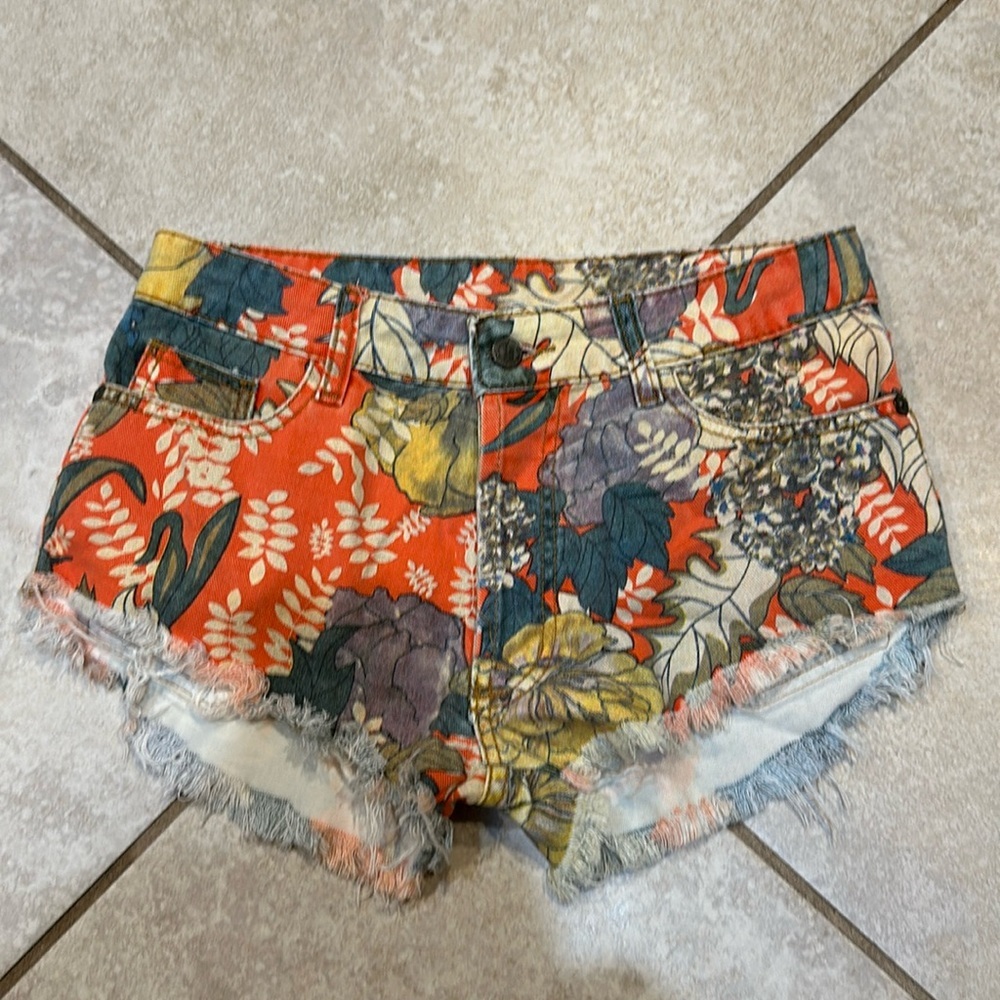 FARM Rio Floral Denim Jean Shorts - Coral, Yellow, Green, Purple